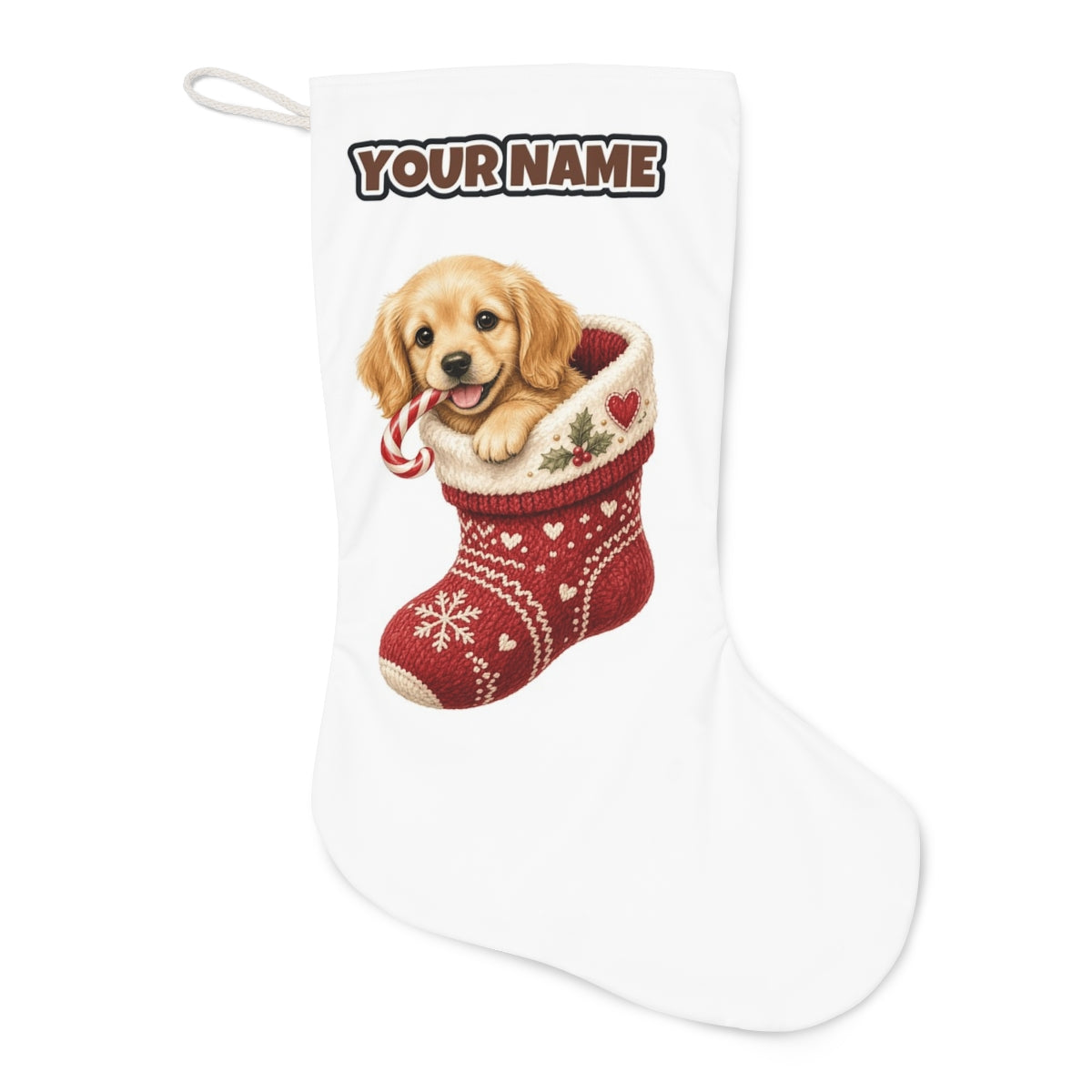 Puppy In A Stocking Christmas stocking laid flat, showing the full print