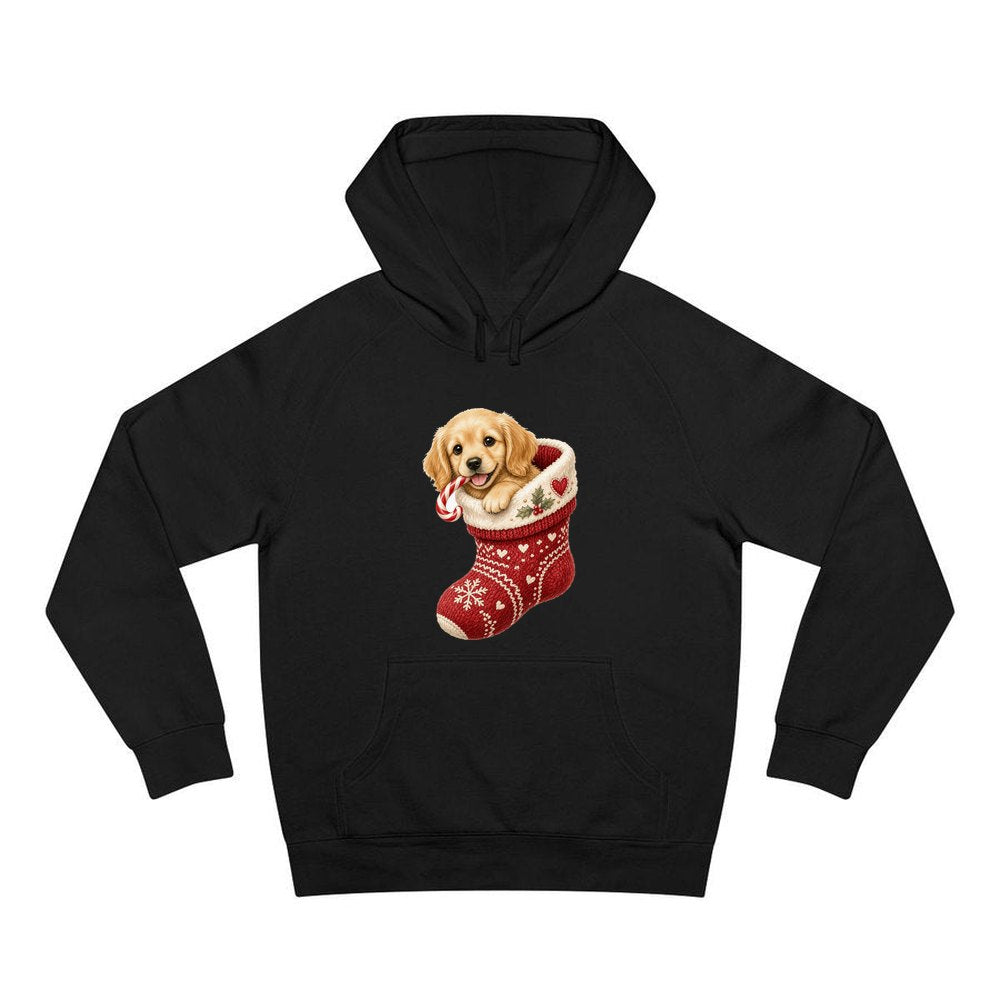 Puppy In A Stocking personalised Christmas hoodie in black
