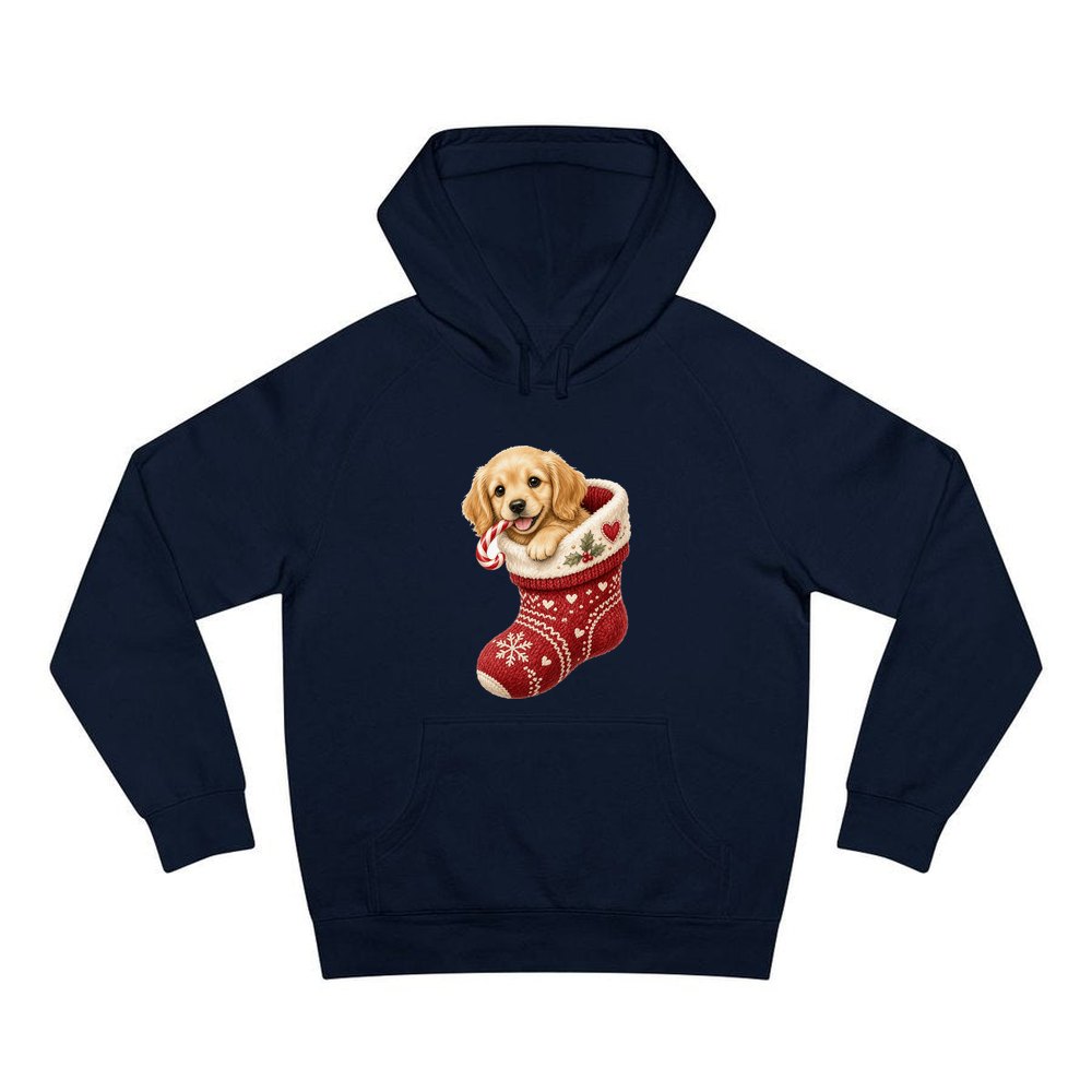 Puppy In A Stocking personalised Christmas hoodie in navy