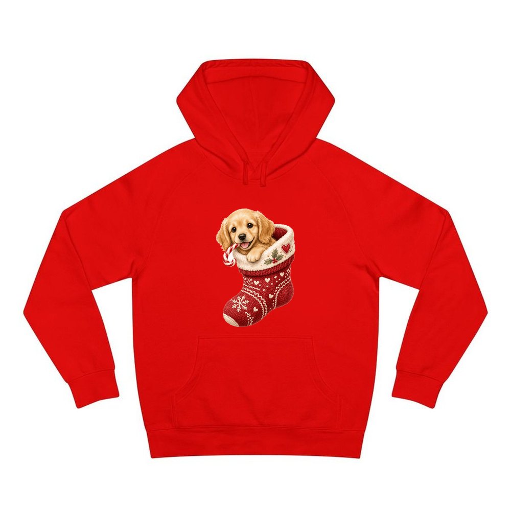 Puppy In A Stocking personalised Christmas hoodie in red