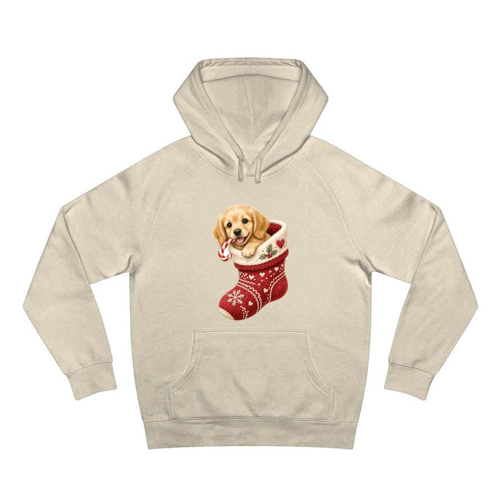 Puppy In A Stocking personalised Christmas hoodie in sand