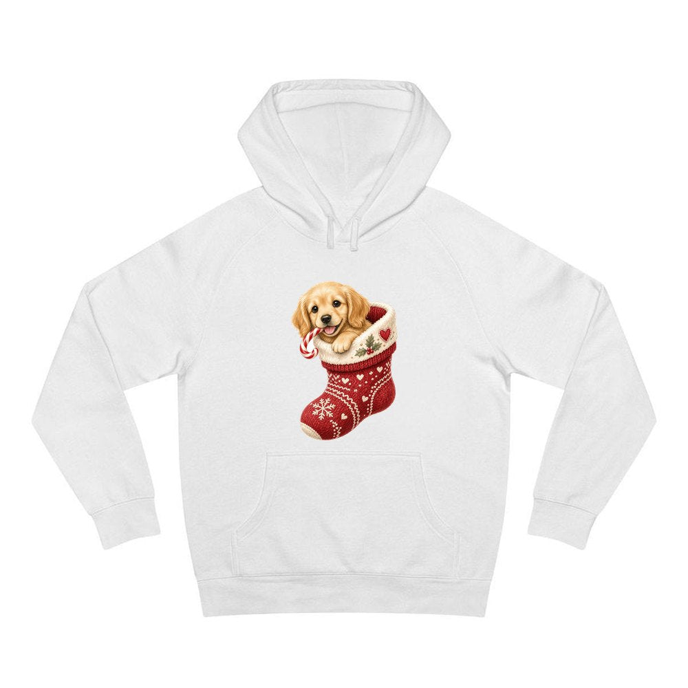 Puppy In A Stocking personalised Christmas hoodie in white