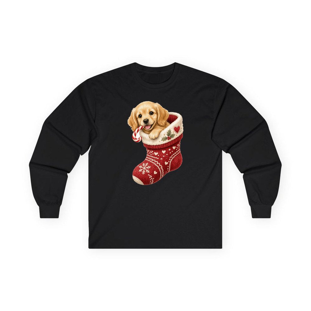 Puppy In A Stocking personalised long sleeve Christmas T-shirt in black
