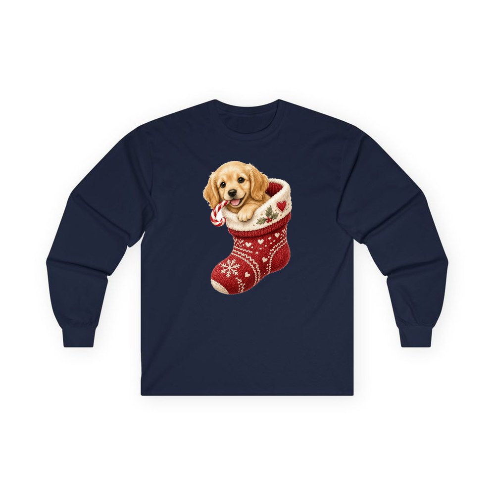 Puppy In A Stocking personalised long sleeve Christmas T-shirt in navy