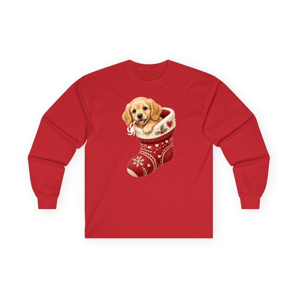Puppy In A Stocking personalised long sleeve Christmas T-shirt in red