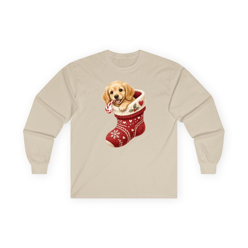 Puppy In A Stocking personalised long sleeve Christmas T-shirt in sand