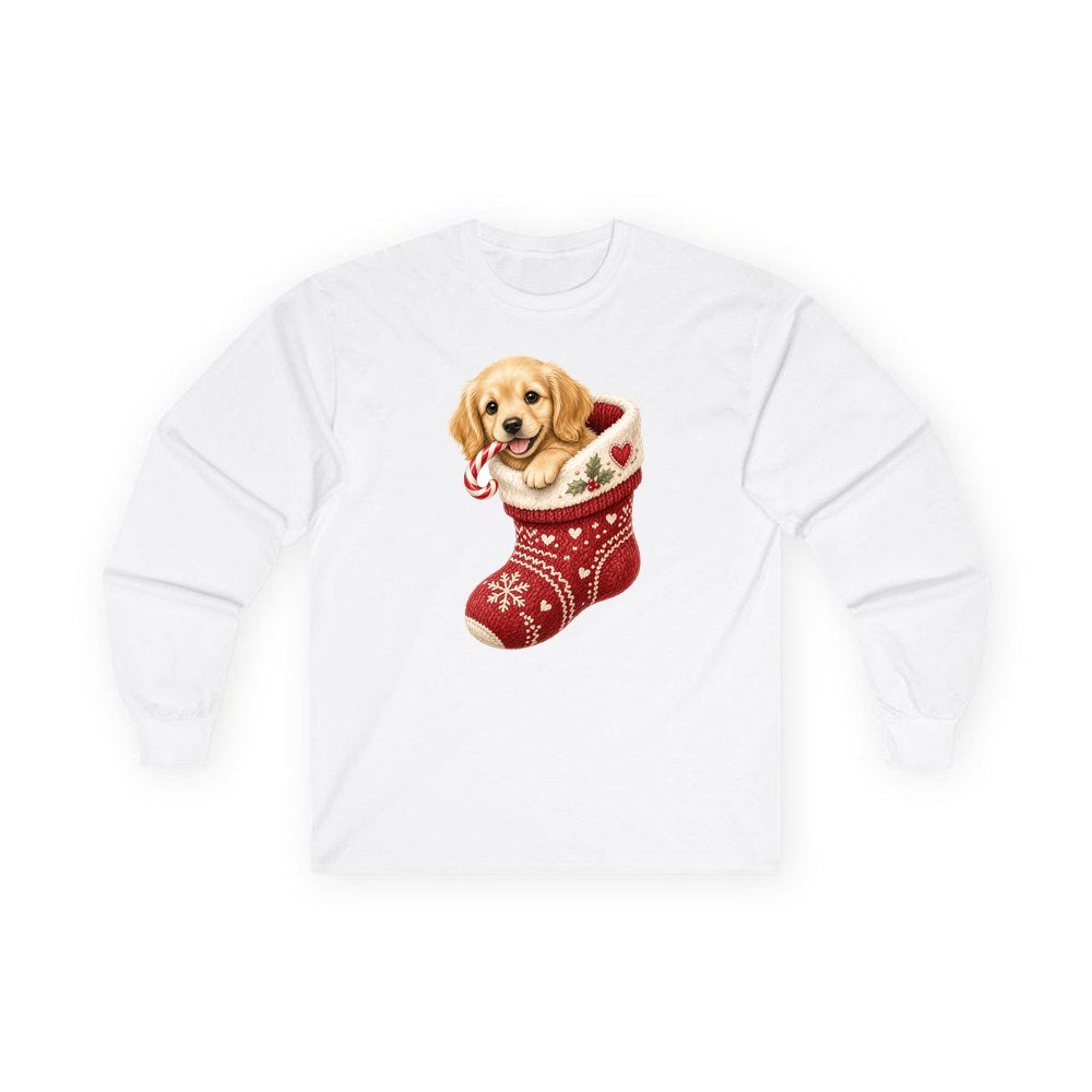 Puppy In A Stocking personalised long sleeve Christmas T-shirt in white