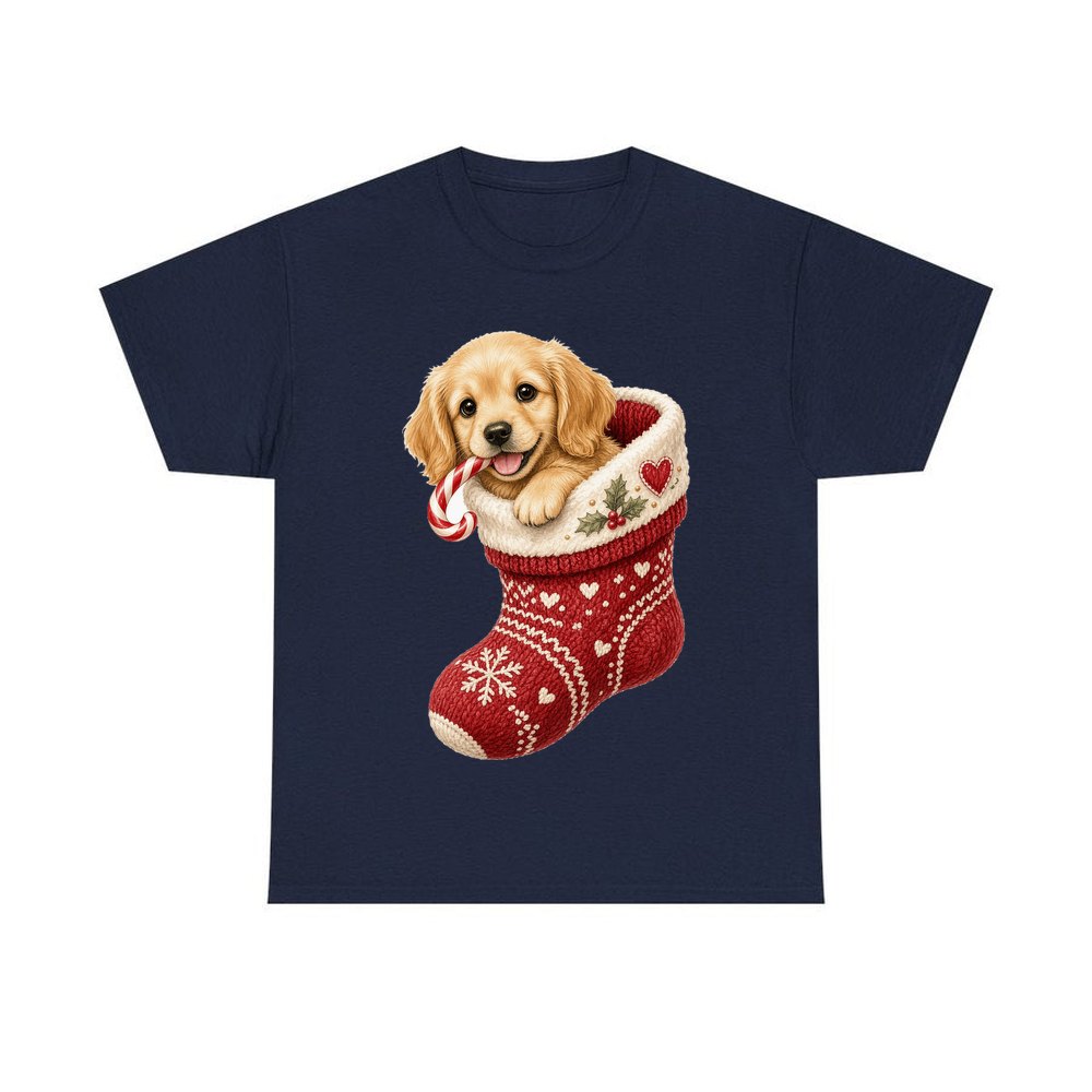 Puppy In A Stocking personalised Christmas T-shirt in navy