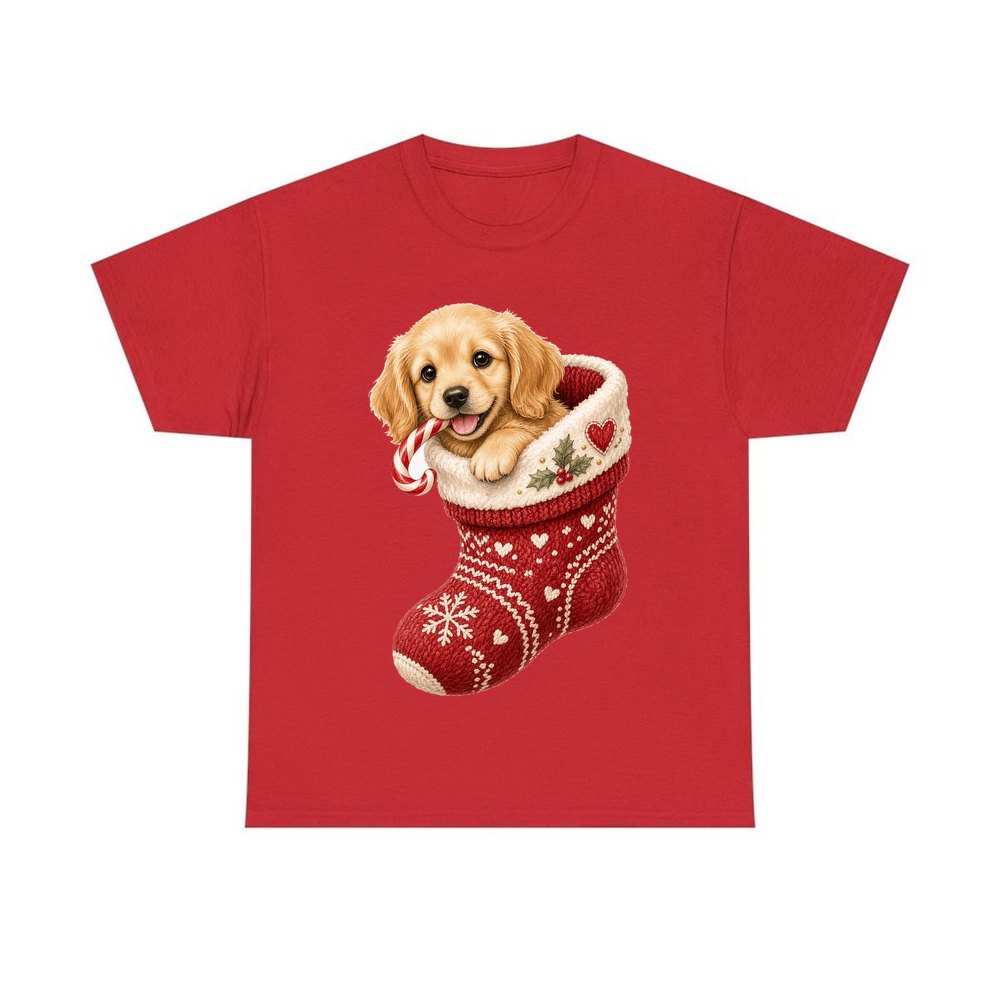 Puppy In A Stocking personalised Christmas T-shirt in red