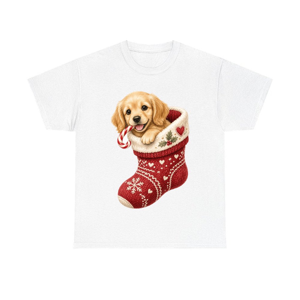 Puppy In A Stocking personalised Christmas T-shirt in white