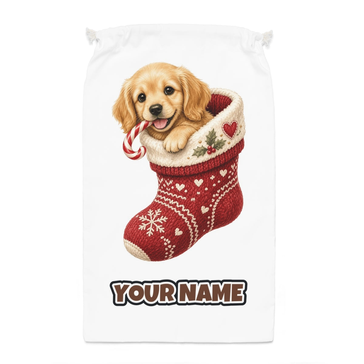 Puppy In A Stocking Santa sack laid flat, showing the full print
