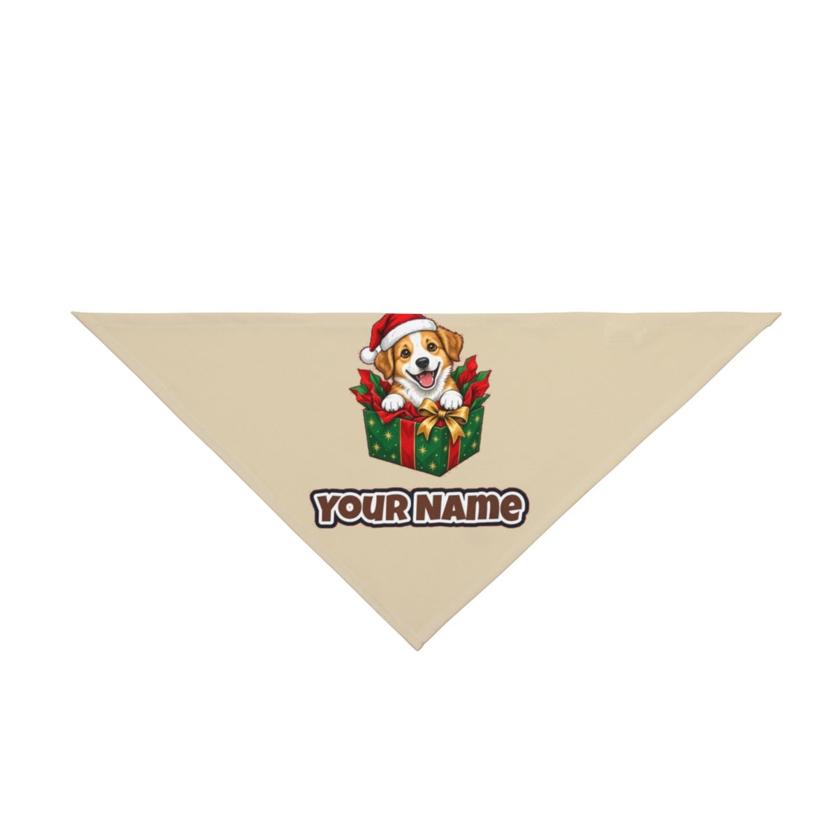 Puppy In Christmas Gift Box personalised Christmas pet bandana in beige, tie-on style