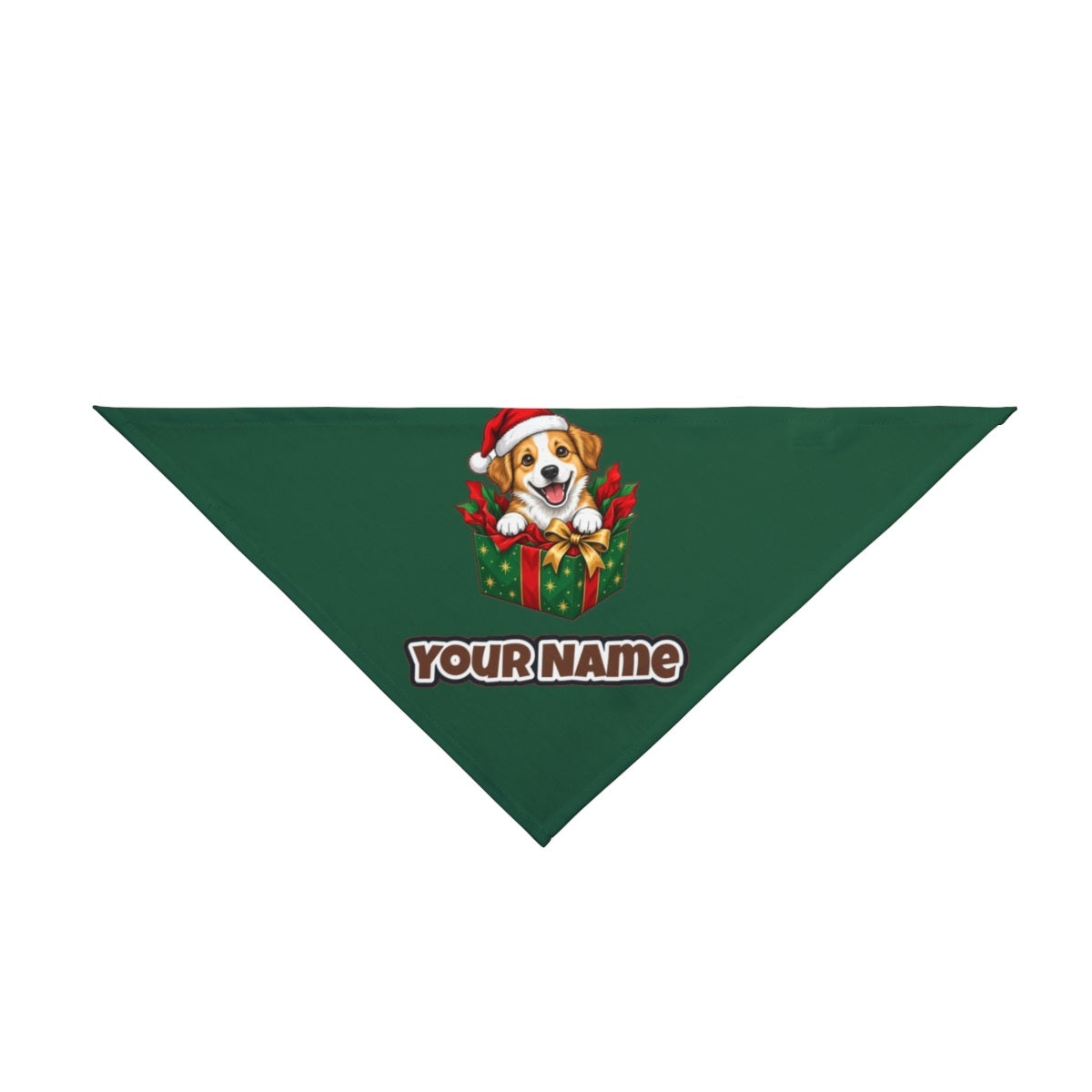 Puppy In Christmas Gift Box personalised Christmas pet bandana in green, tie-on style