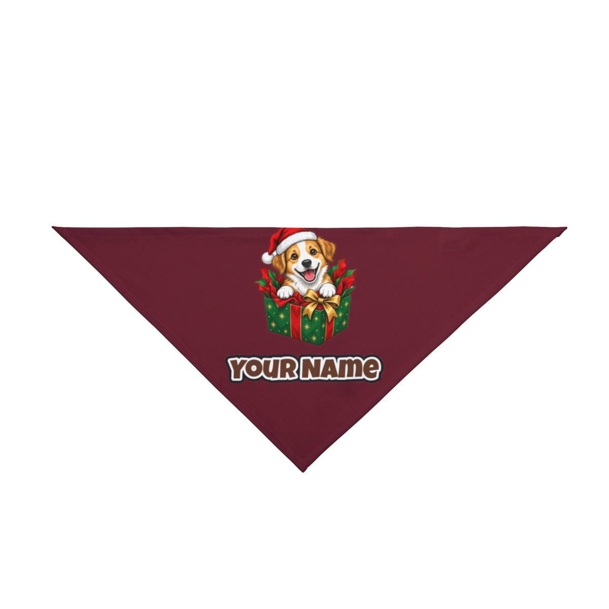 Puppy In Christmas Gift Box personalised Christmas pet bandana in maroon, tie-on style