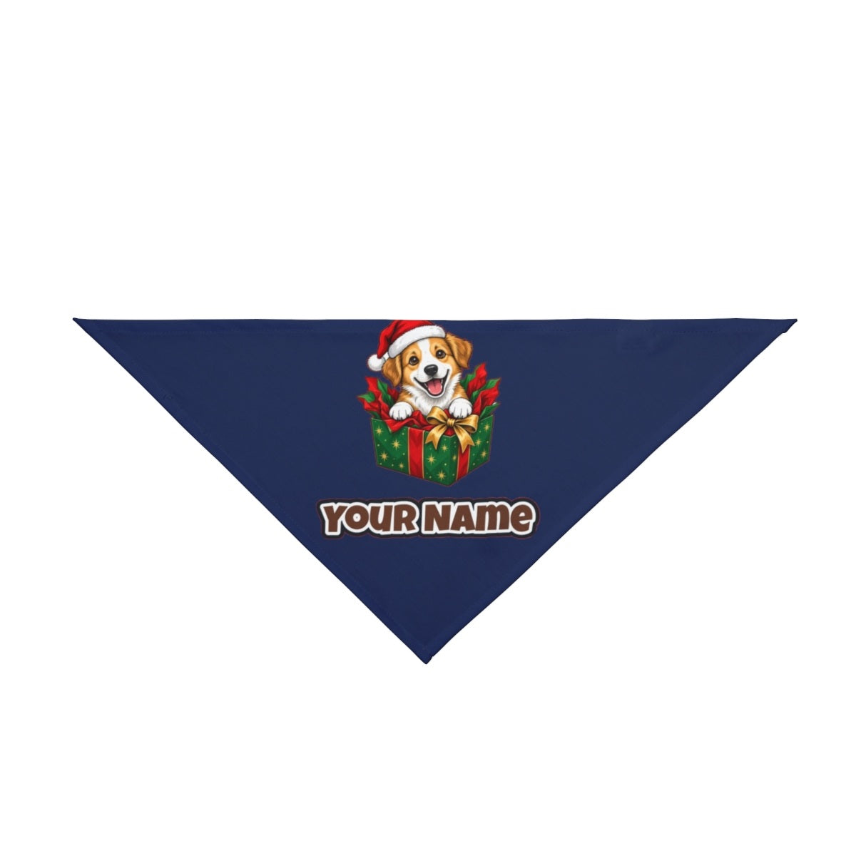 Puppy In Christmas Gift Box personalised Christmas pet bandana in navy, tie-on style