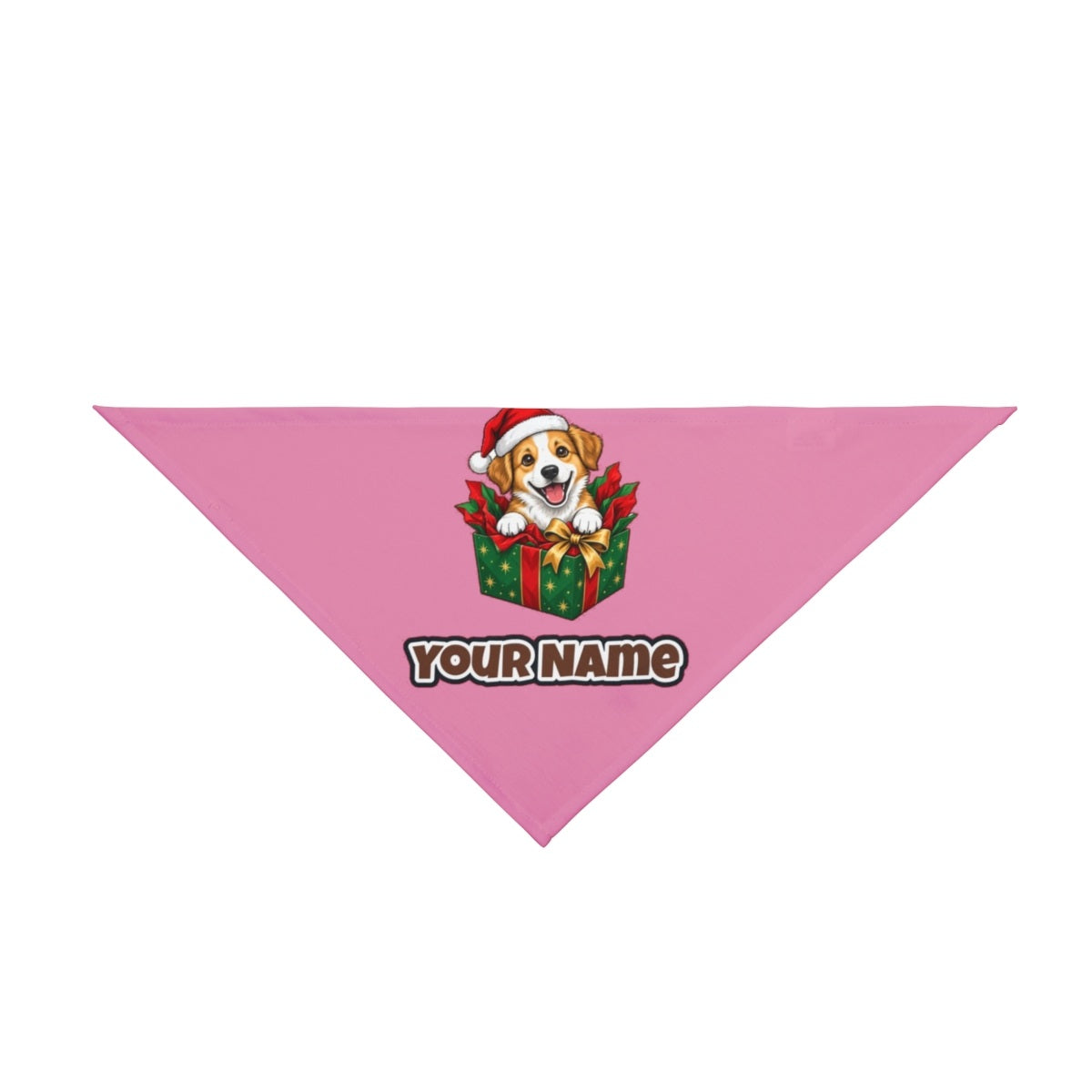 Puppy In Christmas Gift Box personalised Christmas pet bandana in pink, tie-on style