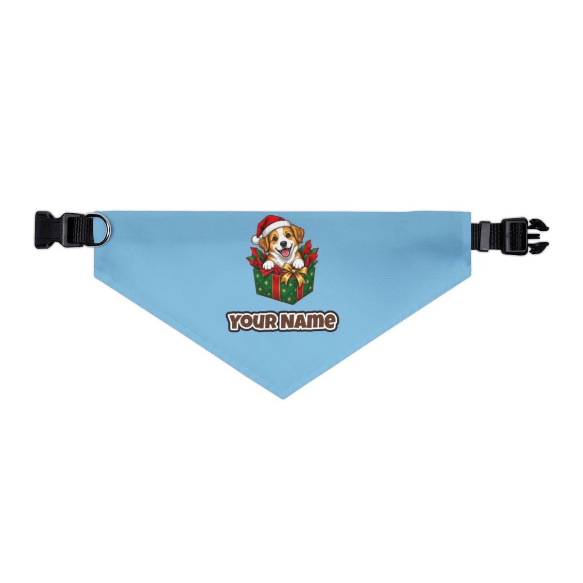 Puppy In Christmas Gift Box personalised Christmas pet bandana in sky blue, collar with buckle