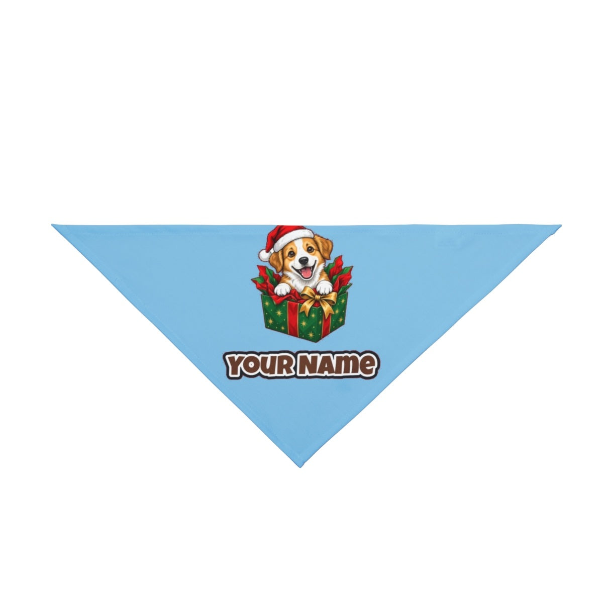 Puppy In Christmas Gift Box personalised Christmas pet bandana in sky blue, tie-on style