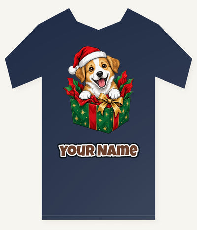 Puppy In Christmas Gift Box Personalised Kids Tee and Baby Bodysuit