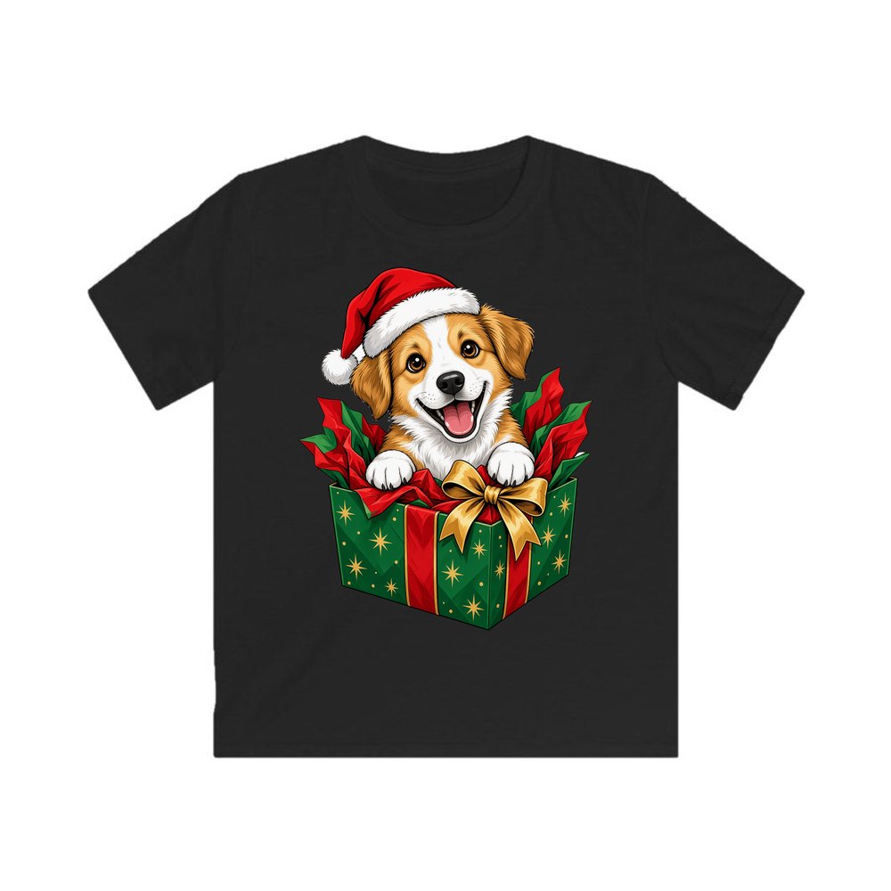 Puppy In Christmas Gift Box personalised kids Christmas tee in black