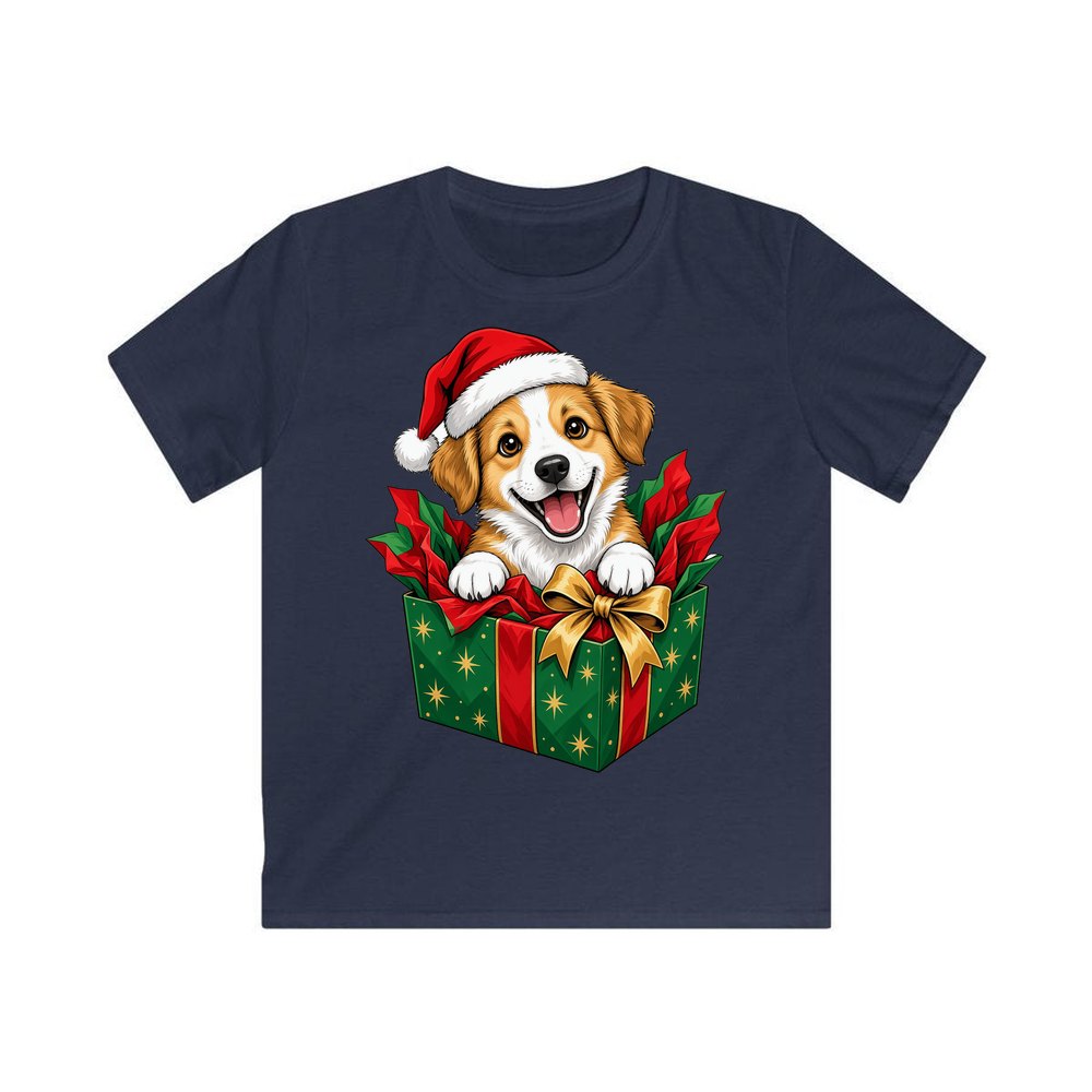 Puppy In Christmas Gift Box personalised kids Christmas tee in navy