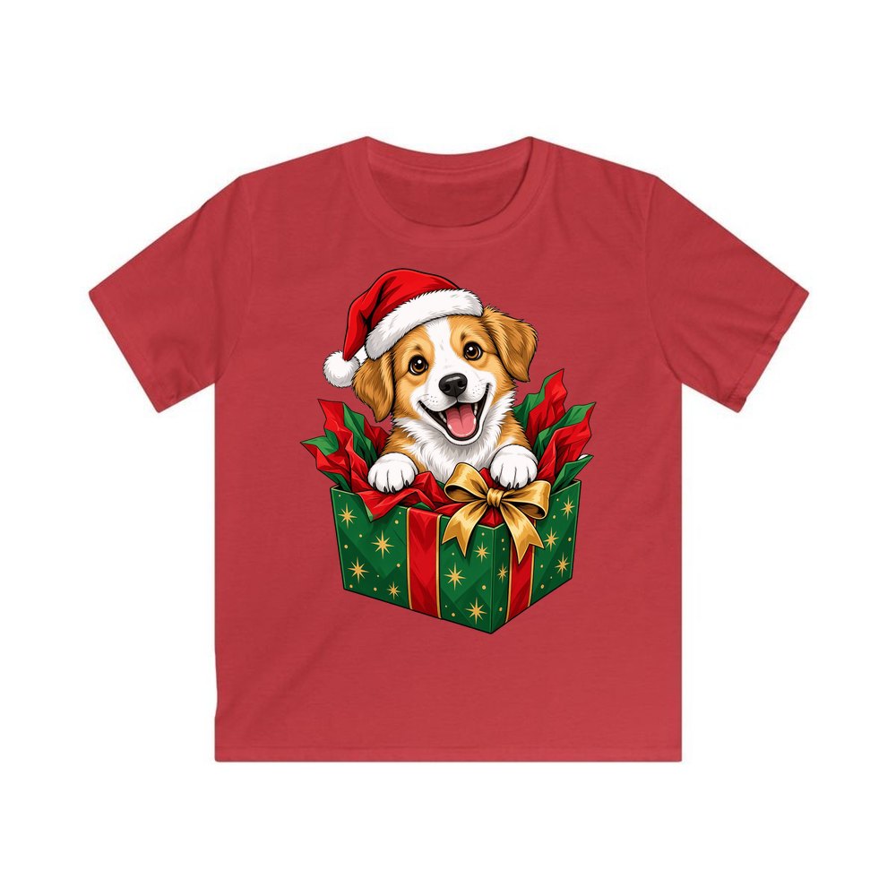 Puppy In Christmas Gift Box personalised kids Christmas tee in red