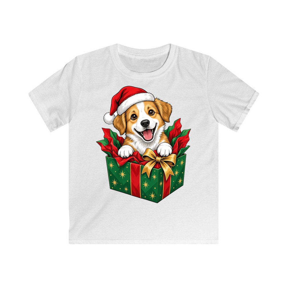 Puppy In Christmas Gift Box personalised kids Christmas tee in white