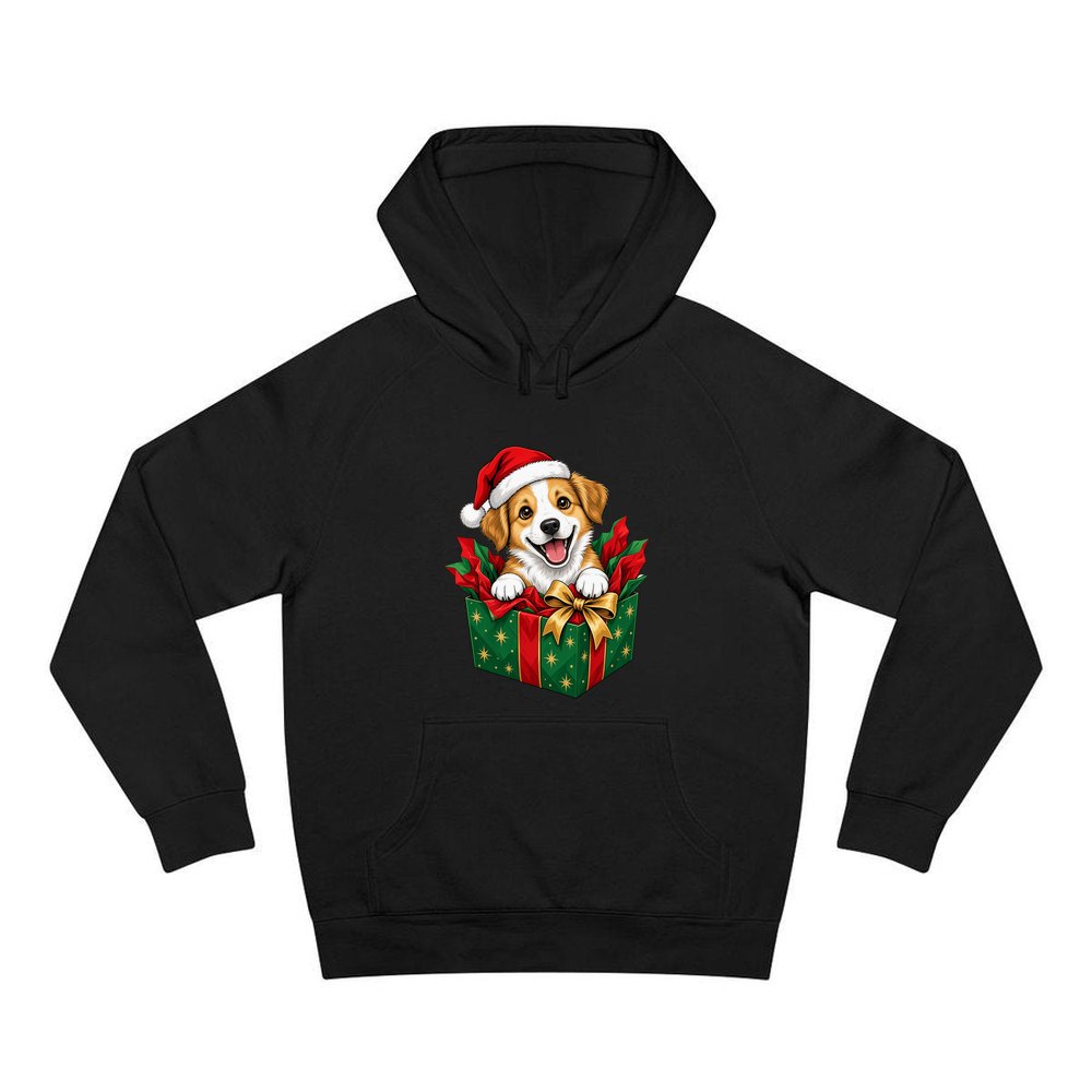 Puppy In Christmas Gift Box personalised Christmas hoodie in black