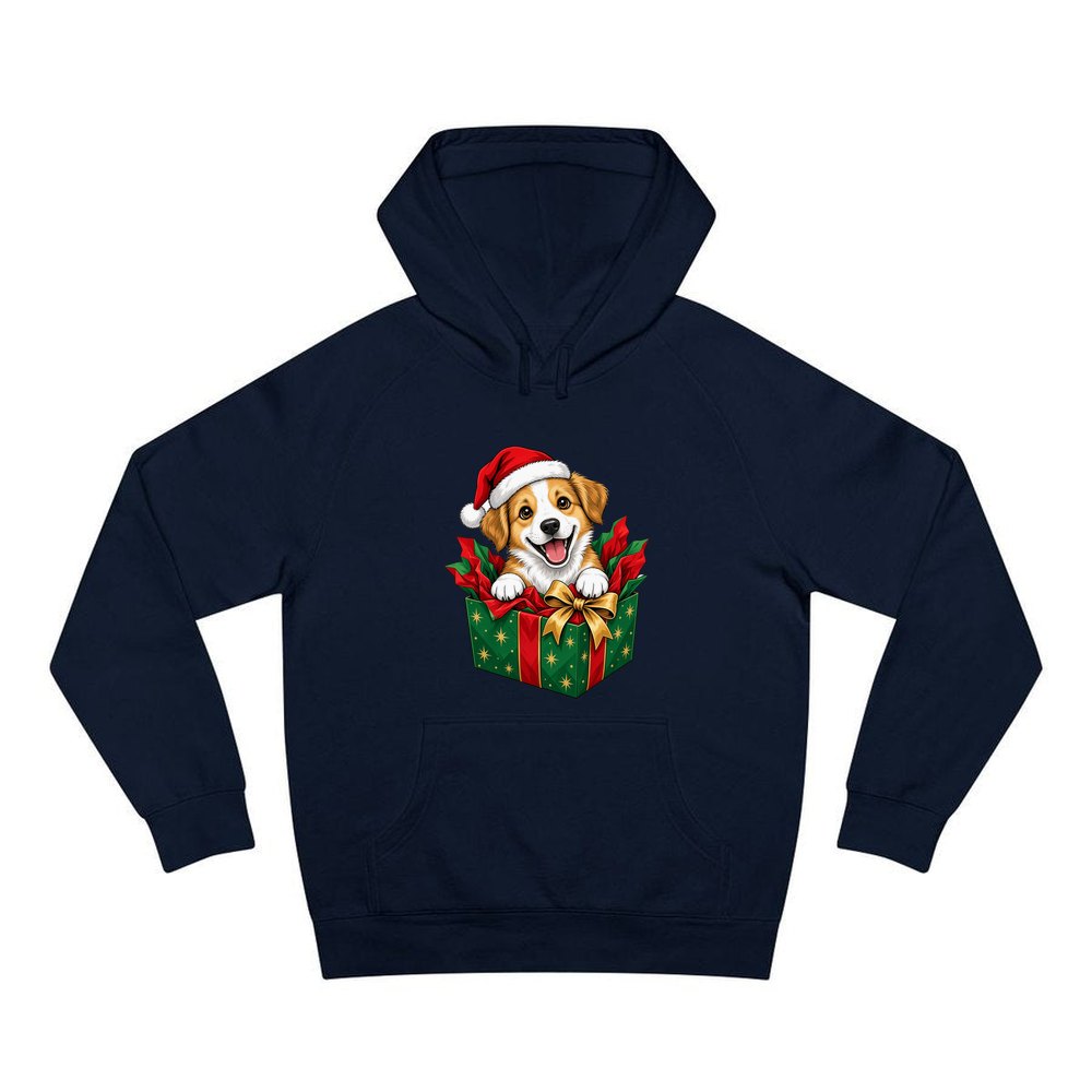 Puppy In Christmas Gift Box personalised Christmas hoodie in navy