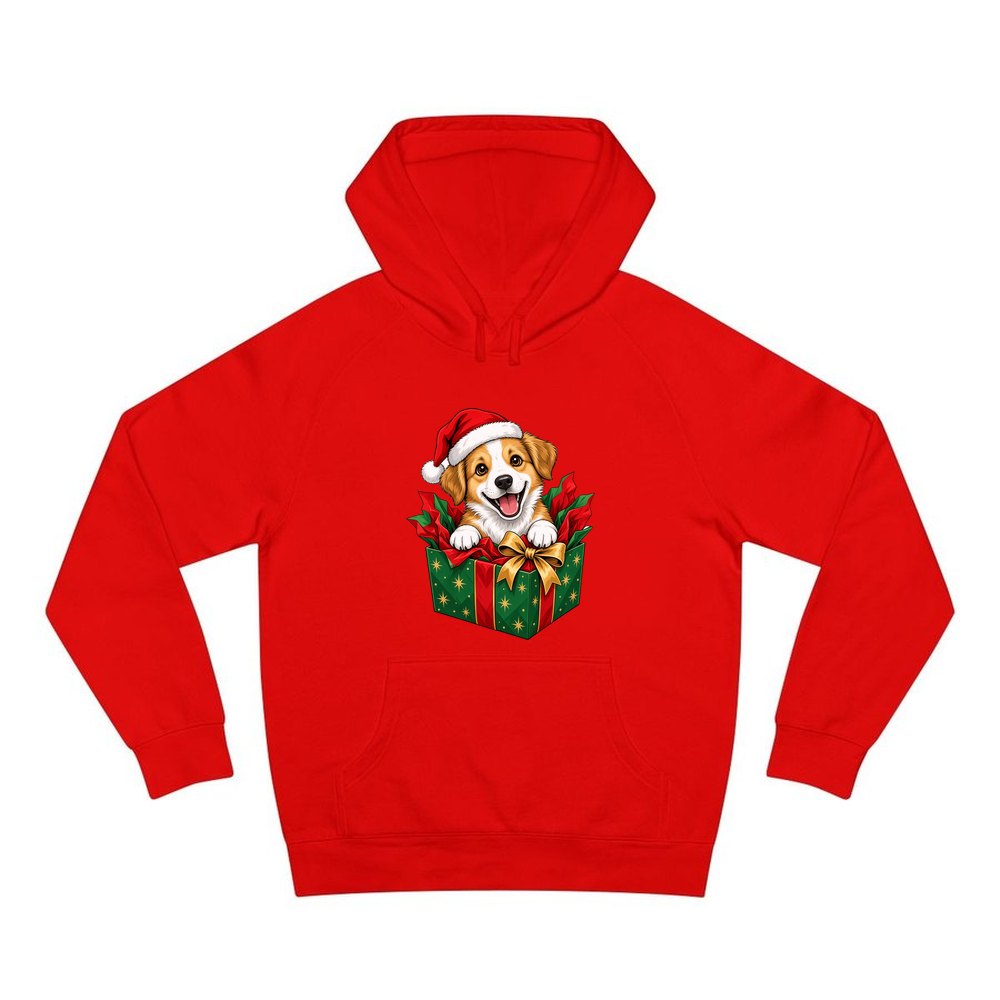 Puppy In Christmas Gift Box personalised Christmas hoodie in red