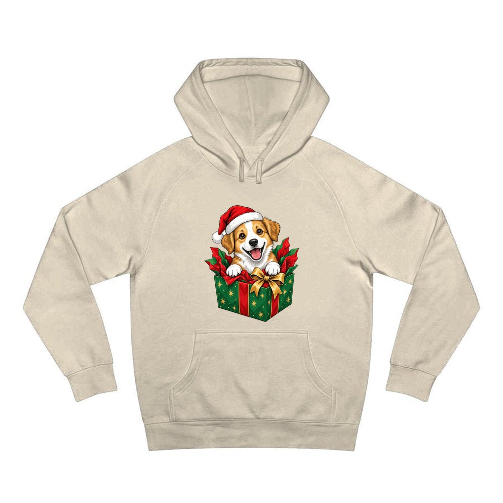 Puppy In Christmas Gift Box personalised Christmas hoodie in sand