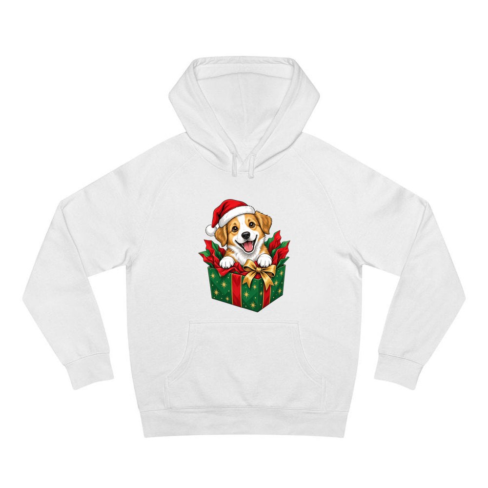 Puppy In Christmas Gift Box personalised Christmas hoodie in white
