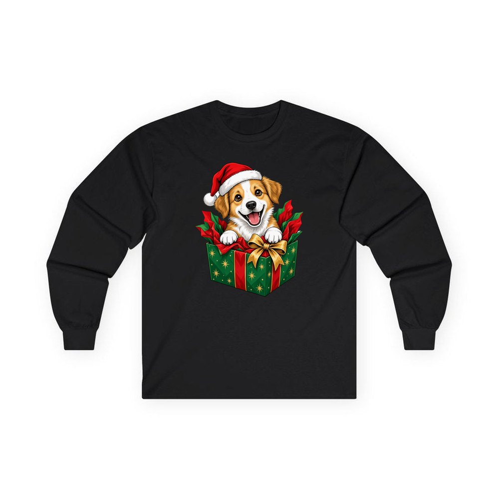 Puppy In Christmas Gift Box personalised long sleeve Christmas T-shirt in black