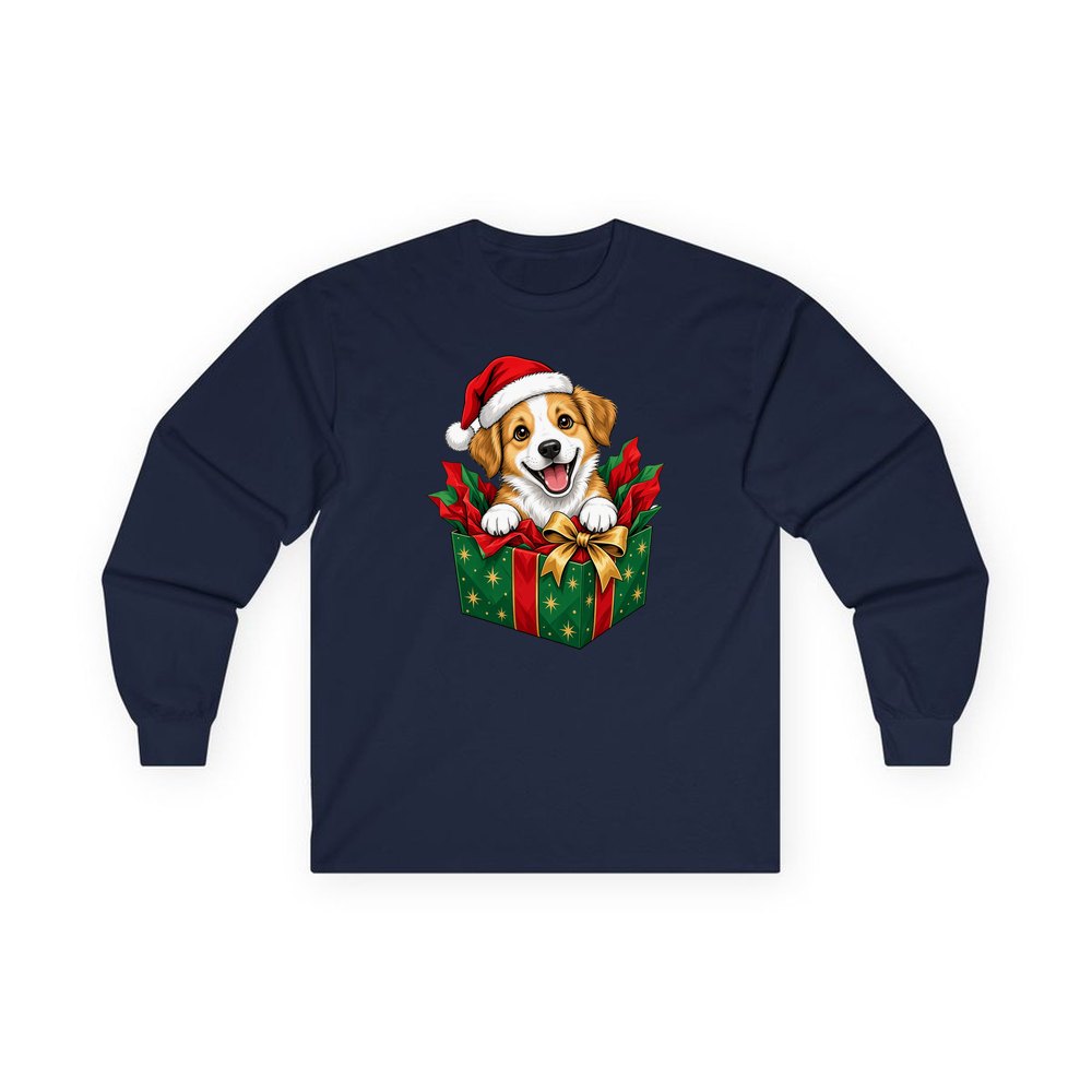 Puppy In Christmas Gift Box personalised long sleeve Christmas T-shirt in navy