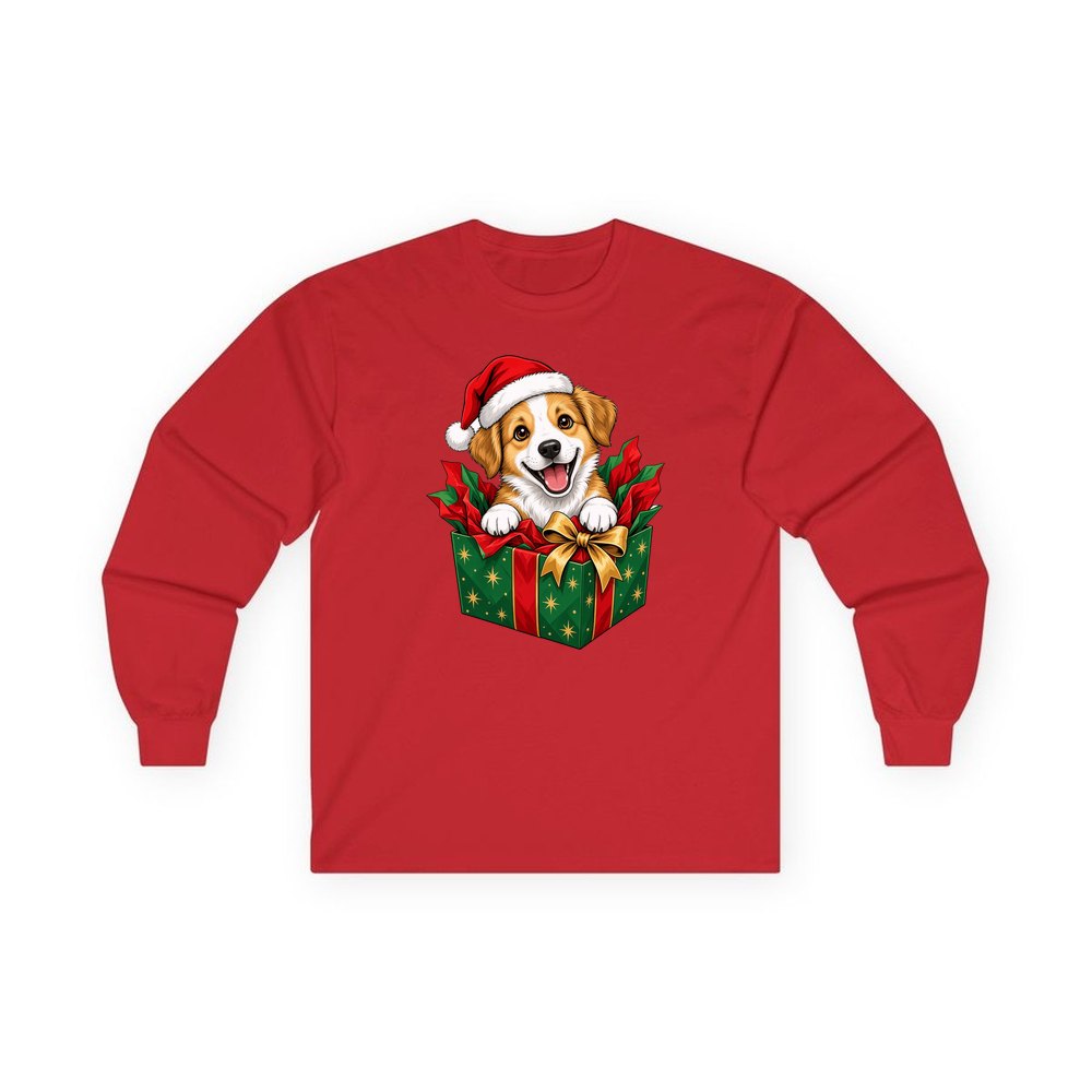 Puppy In Christmas Gift Box personalised long sleeve Christmas T-shirt in red