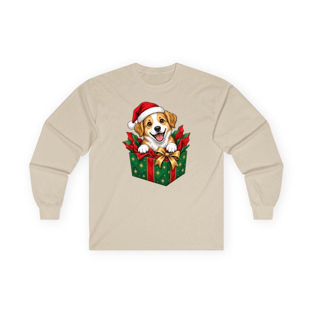 Puppy In Christmas Gift Box personalised long sleeve Christmas T-shirt in sand