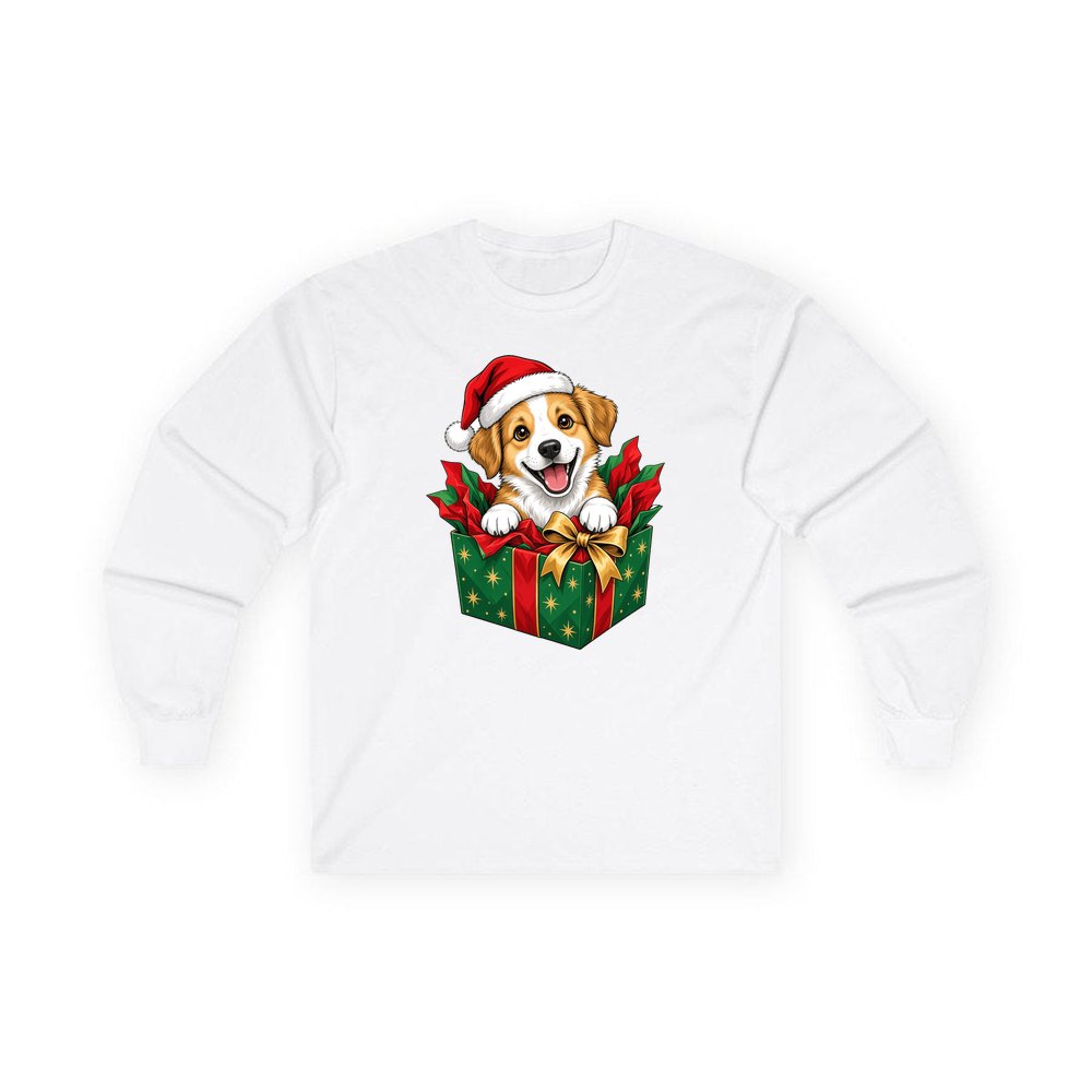 Puppy In Christmas Gift Box personalised long sleeve Christmas T-shirt in white