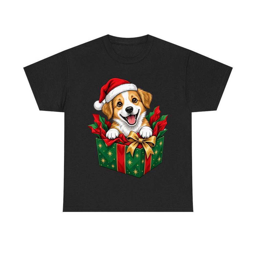 Puppy In Christmas Gift Box personalised Christmas T-shirt in black