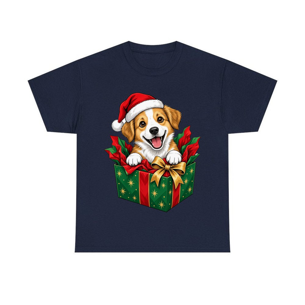 Puppy In Christmas Gift Box personalised Christmas T-shirt in navy