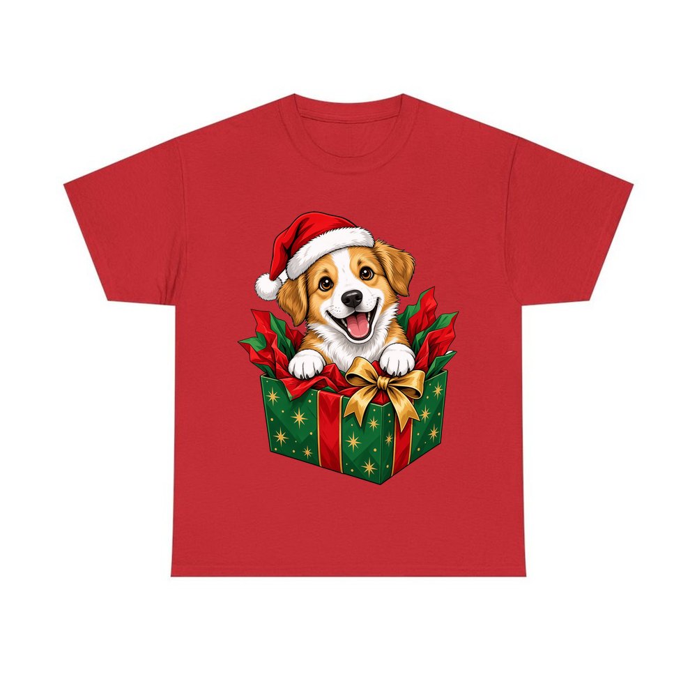Puppy In Christmas Gift Box personalised Christmas T-shirt in red