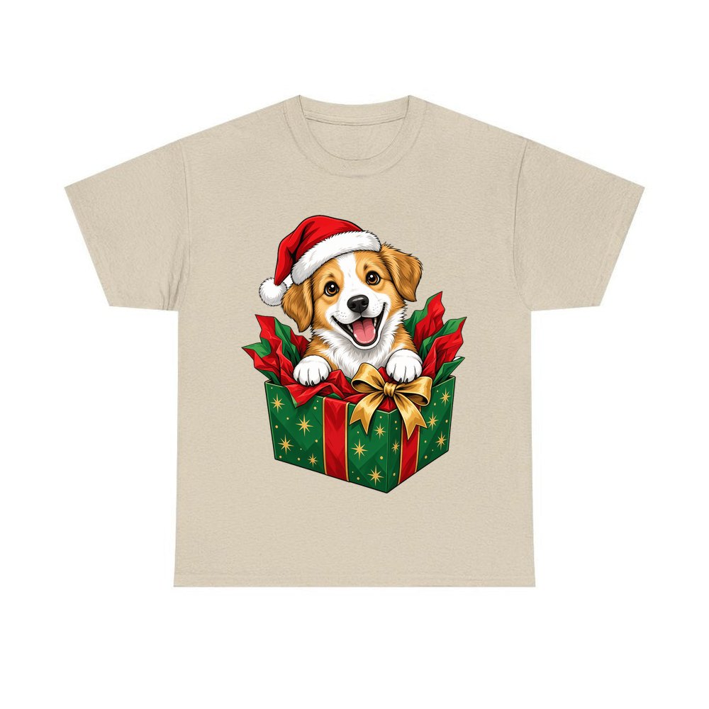 Puppy In Christmas Gift Box personalised Christmas T-shirt in sand