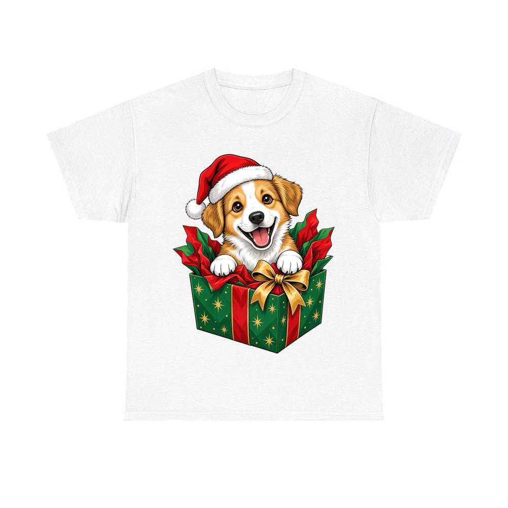 Puppy In Christmas Gift Box personalised Christmas T-shirt in white