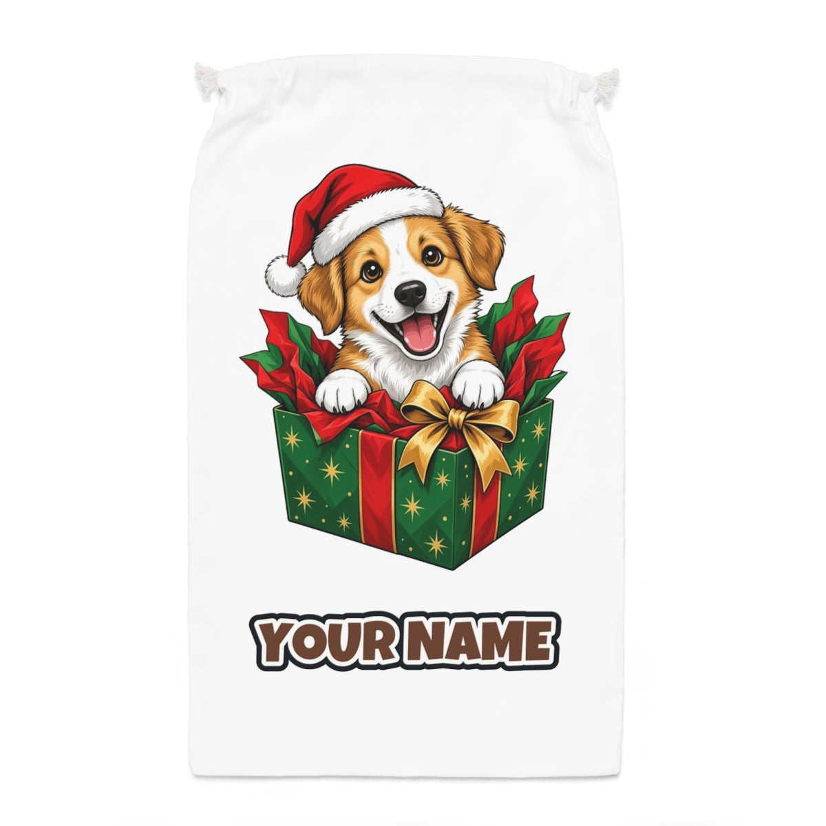 Puppy In Christmas Gift Box Santa sack laid flat, showing the full print