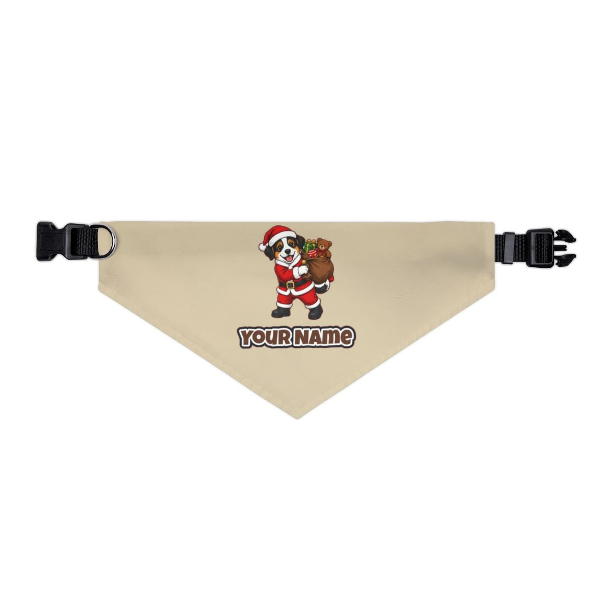 Puppy In Santa Suit personalised Christmas pet bandana in beige, collar with buckle