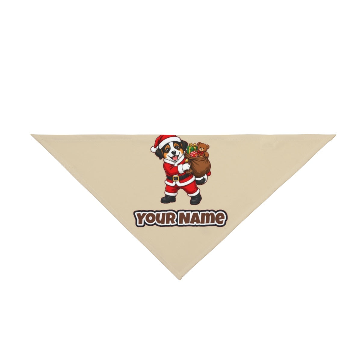 Puppy In Santa Suit personalised Christmas pet bandana in beige, tie-on style