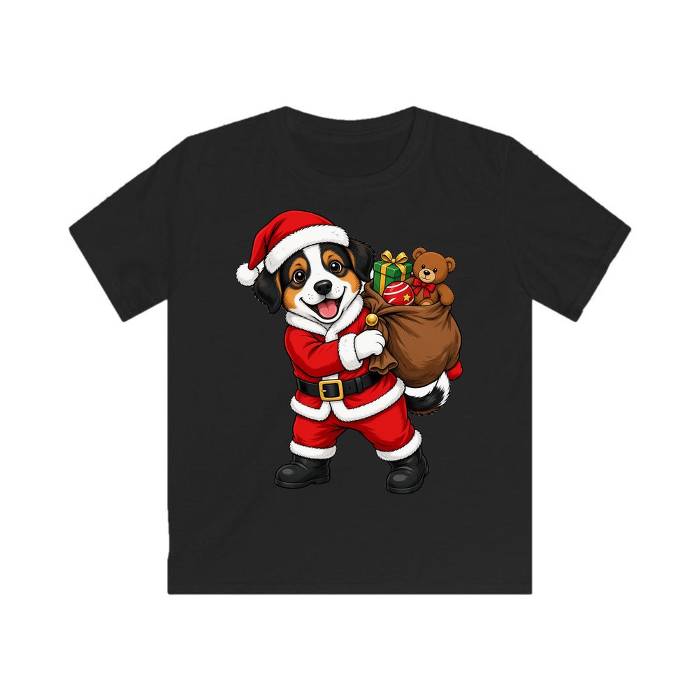 Puppy In Santa Suit personalised kids Christmas tee in black