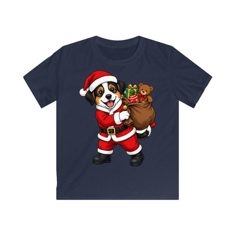 Puppy In Santa Suit personalised kids Christmas tee in navy