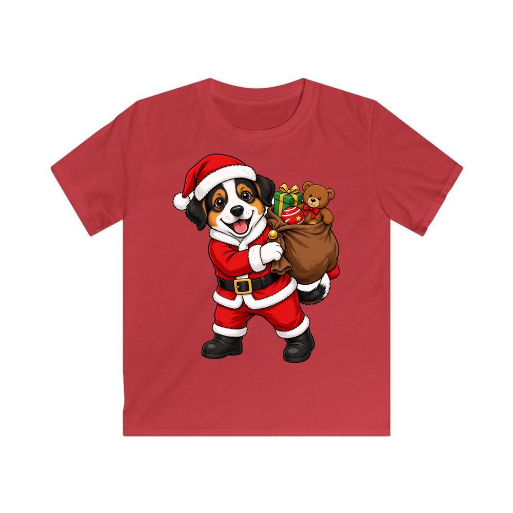 Puppy In Santa Suit personalised kids Christmas tee in red