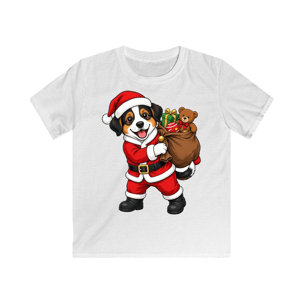 Puppy In Santa Suit personalised kids Christmas tee in white