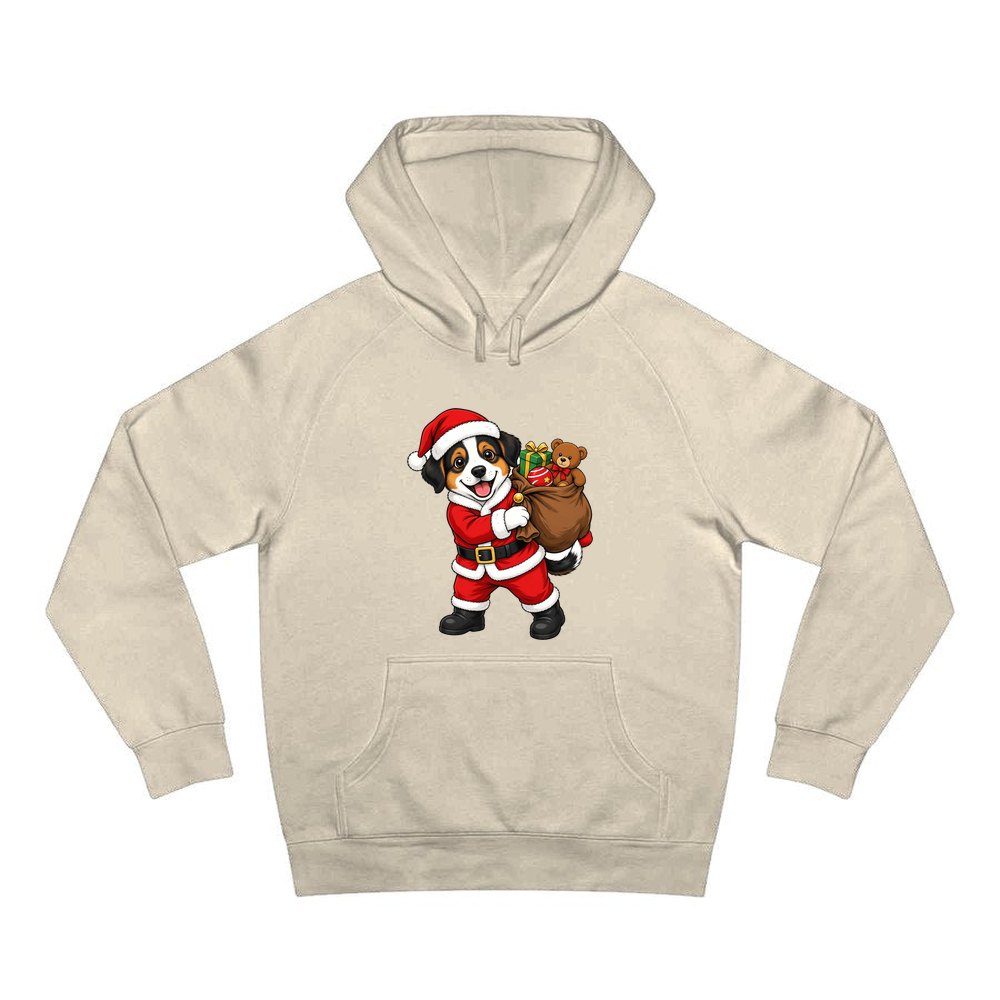 Puppy In Santa Suit personalised Christmas hoodie in sand